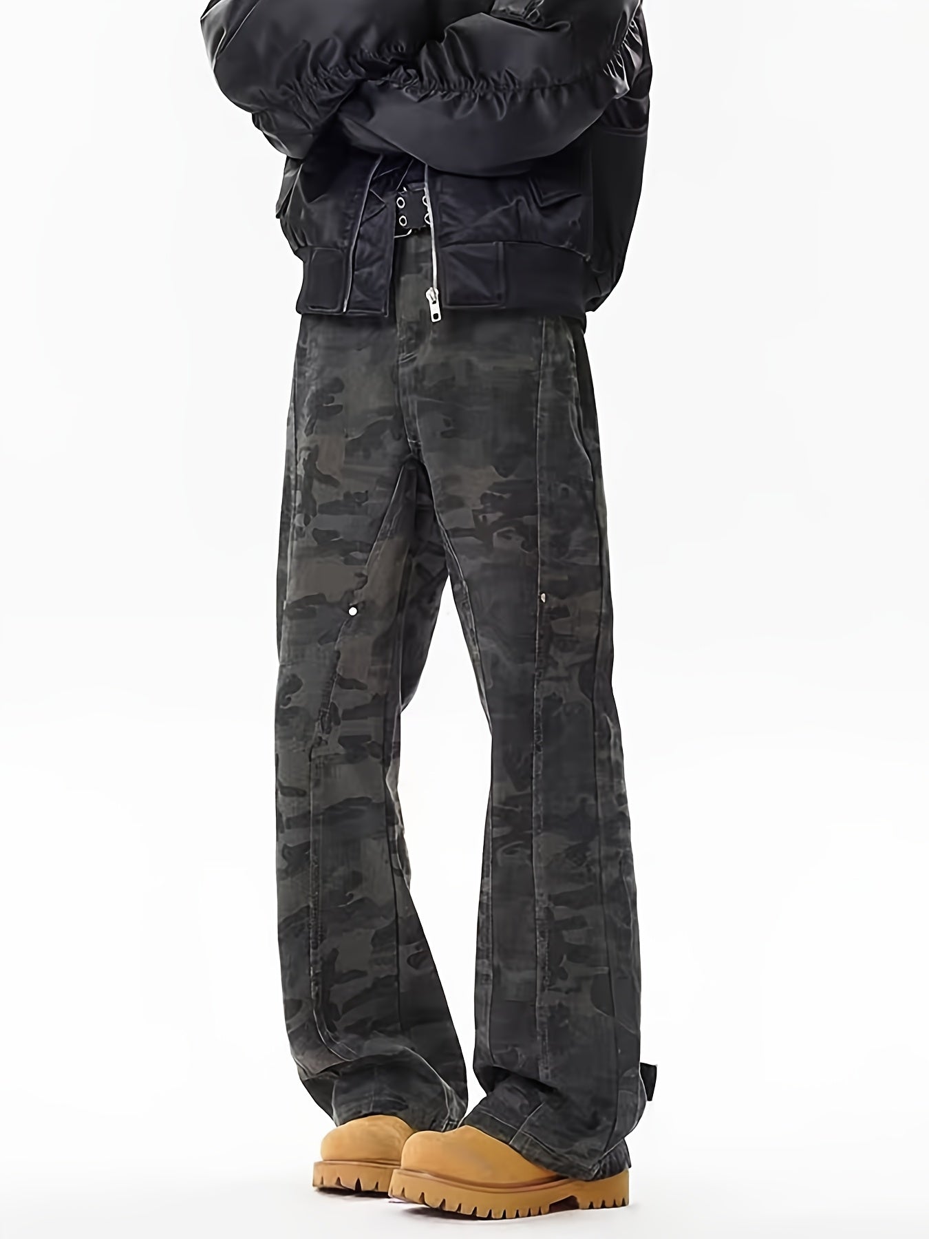 Dark Camo Wide-Leg Cargo Pants with Ankle Buckles