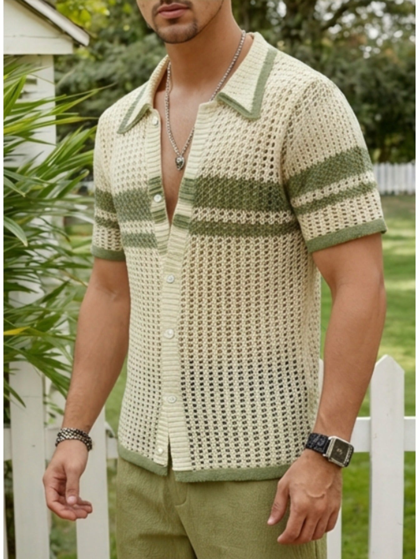 Beige & Green Stripe Crochet Knit Button-Up Shirt