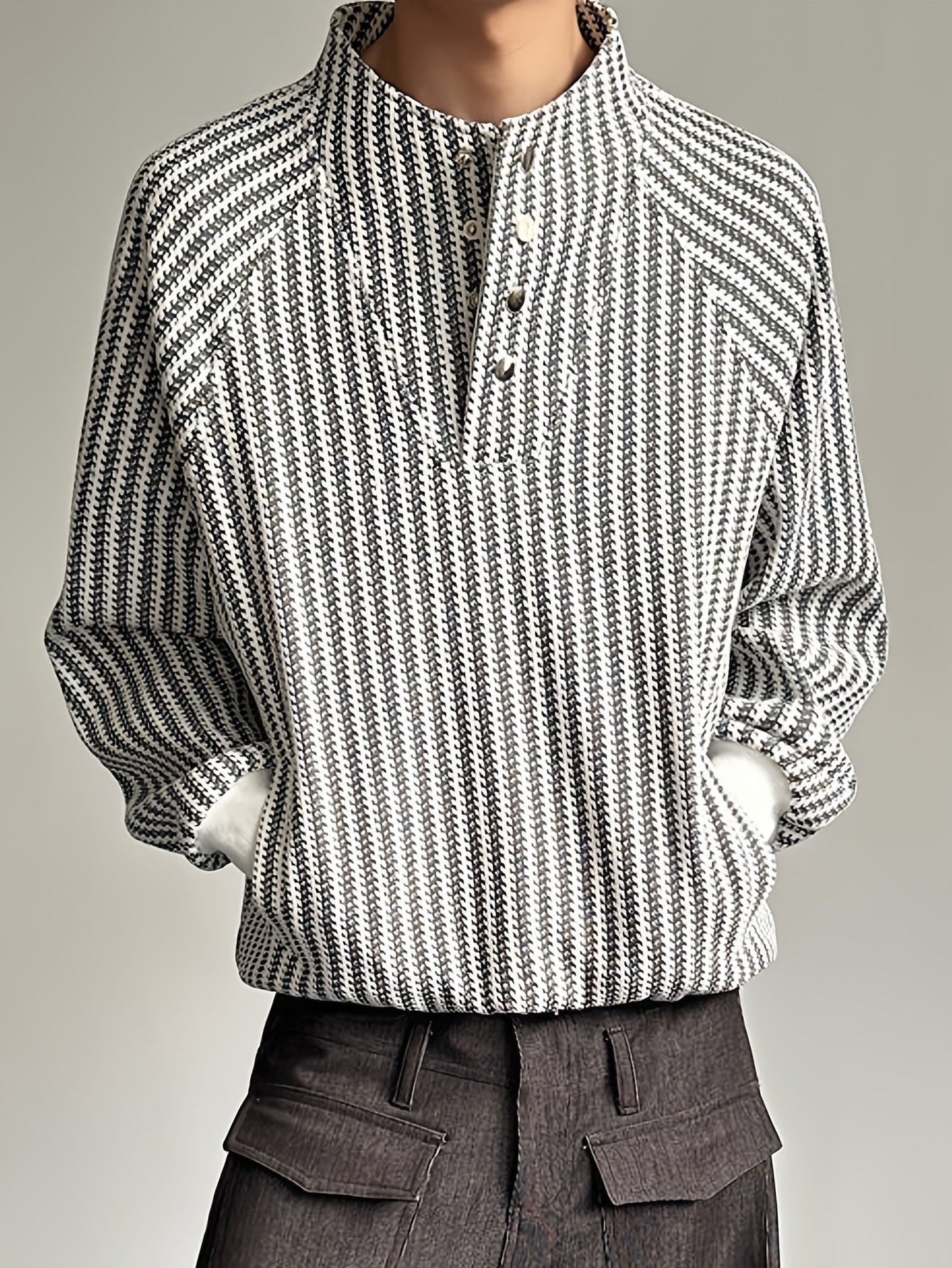 Black & White Textured Stand-Collar Henley Top