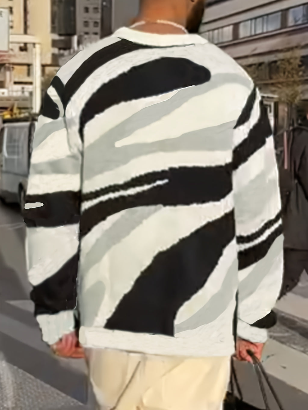 Abstract Wave Stripe Knit Crewneck Sweater