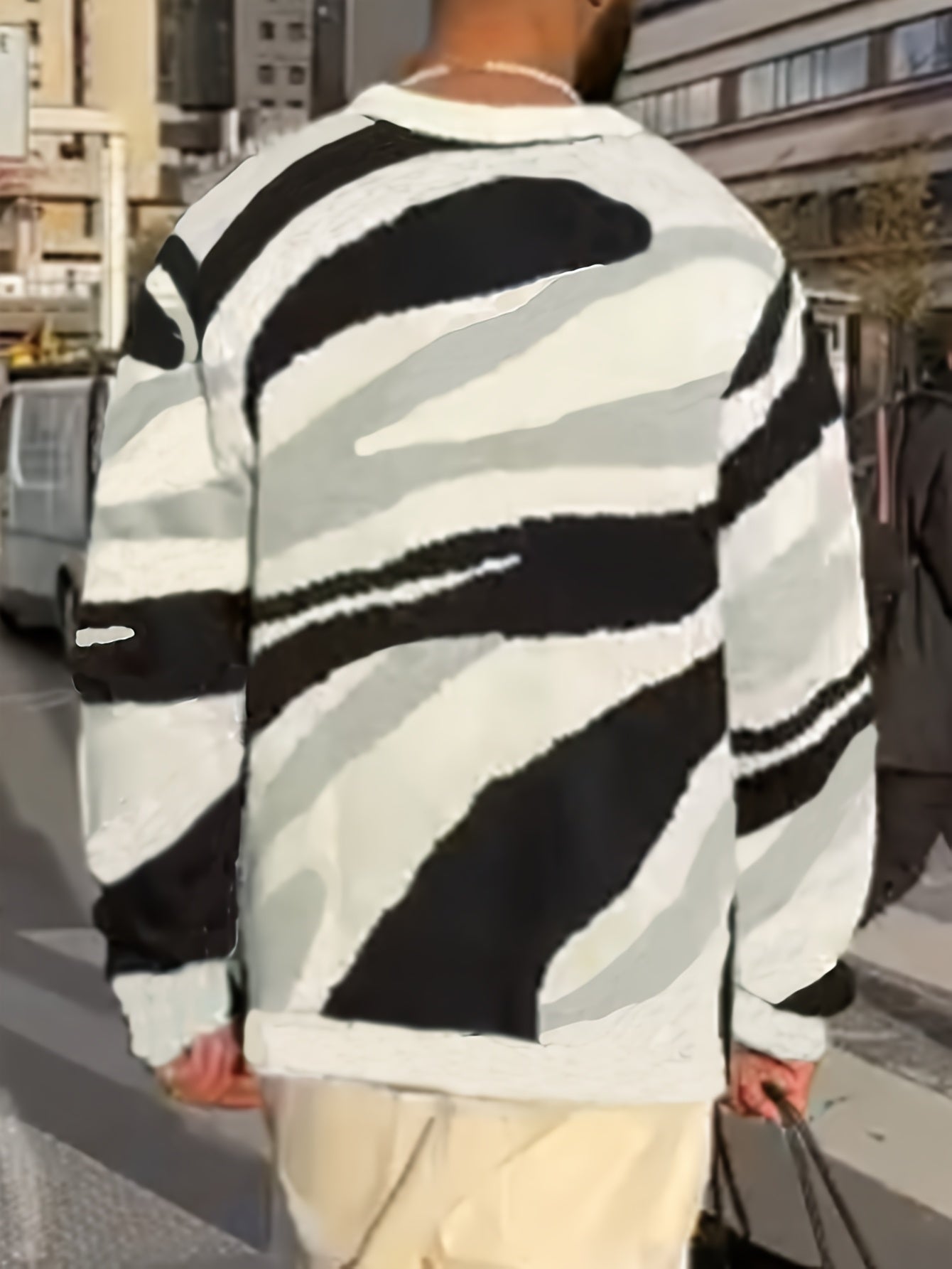 Abstract Wave Stripe Knit Crewneck Sweater