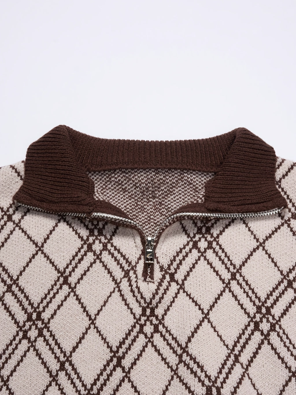Beige & Brown Argyle Half-Zip Knit Sweater
