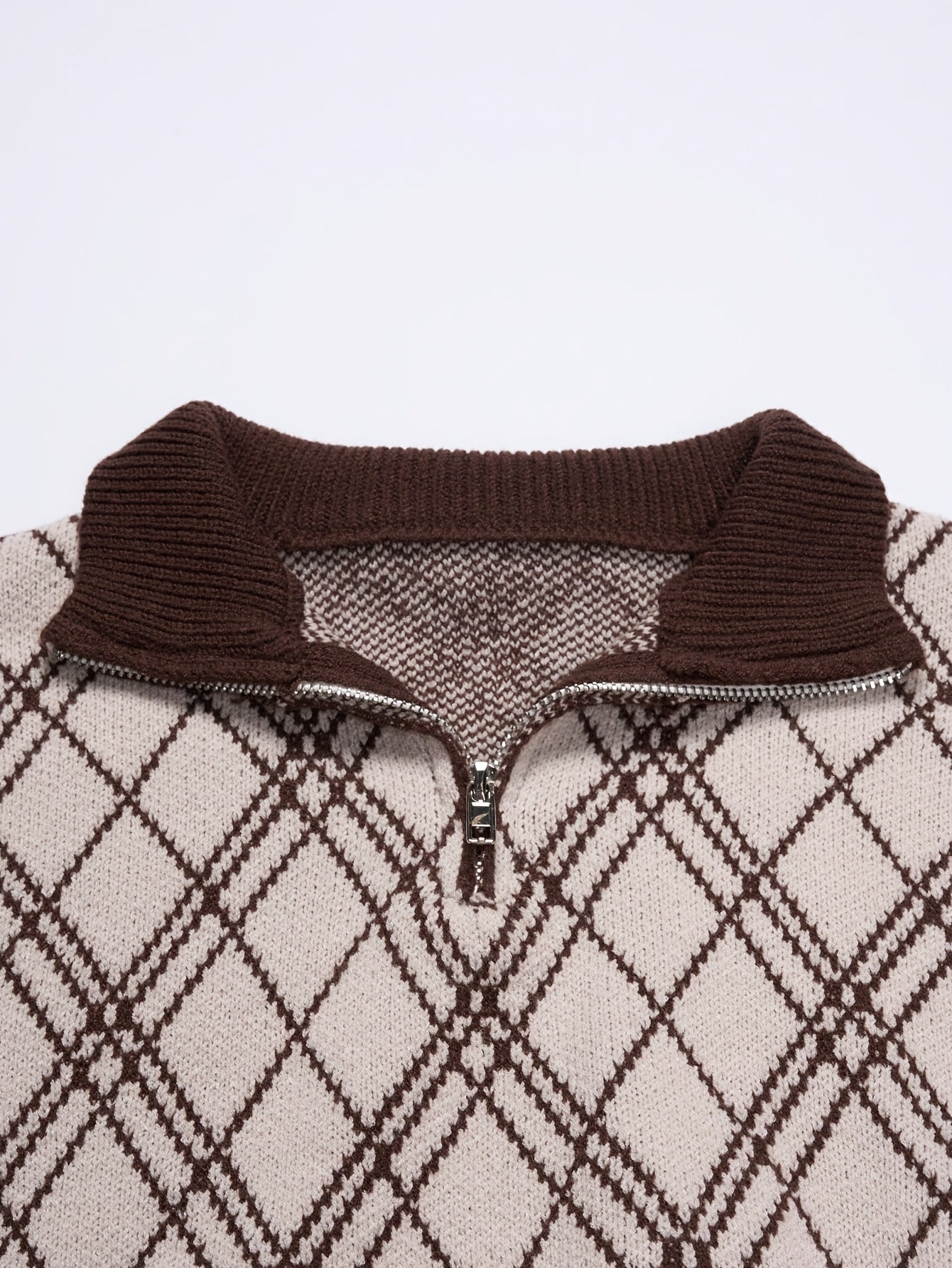Beige & Brown Argyle Half-Zip Knit Sweater