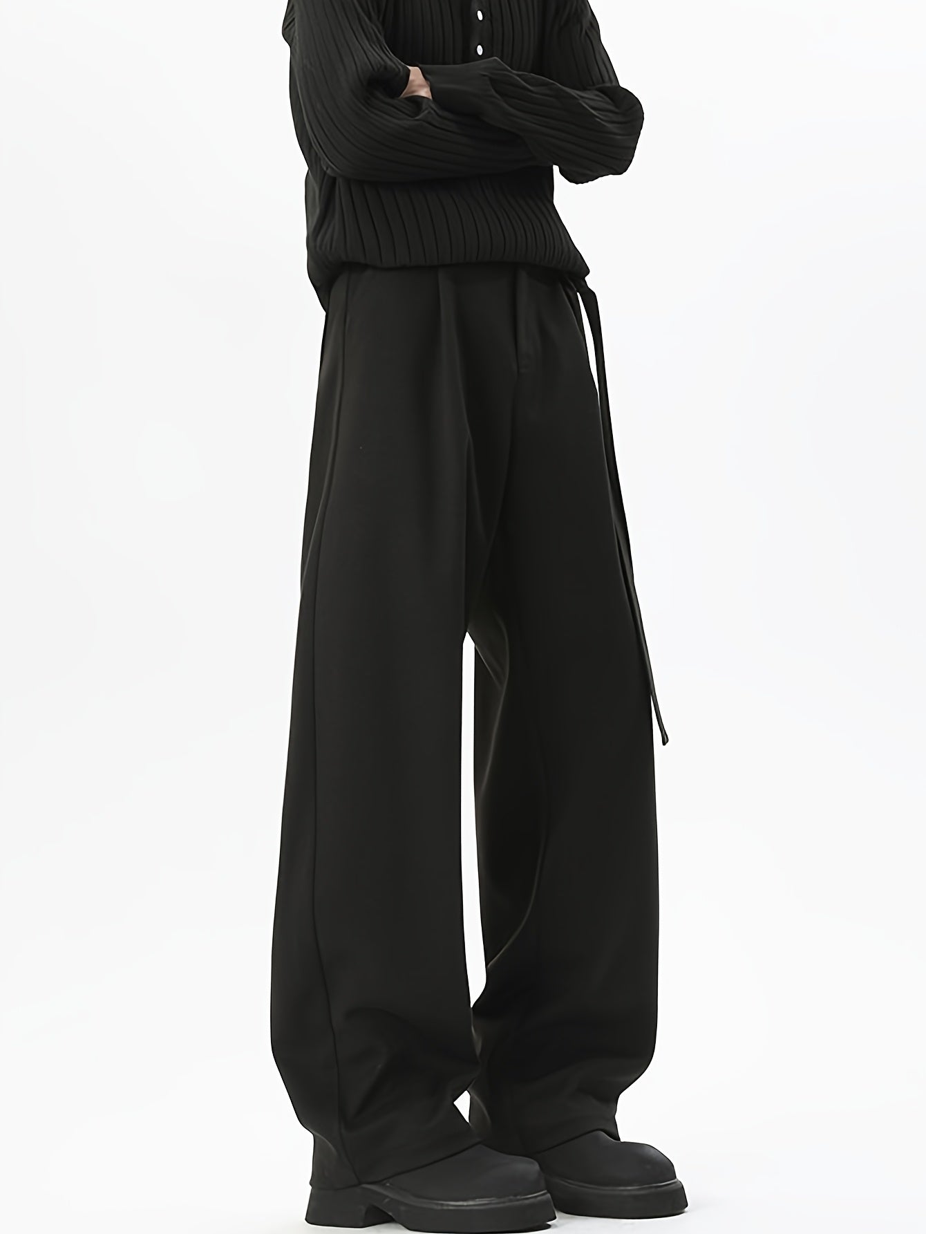Black Minimalist High-Waist Wide-Leg Trousers with Side Tie