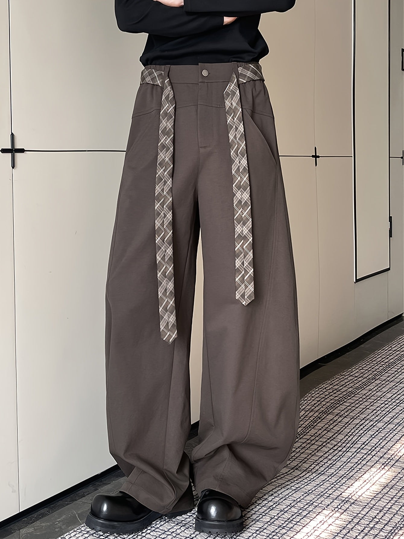 Dark Brown Wide-Leg Trousers with Plaid Accent Straps