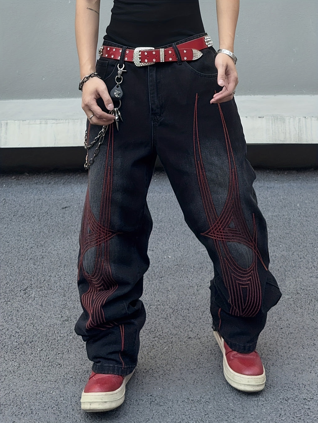 Black & Grey Gradient Red Geometric Embroidery Wide-Leg Denim Jeans