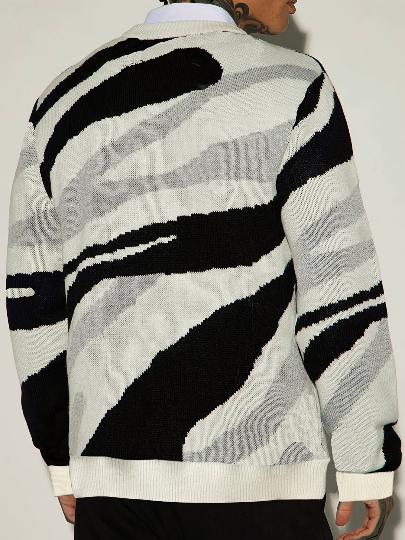 Abstract Wave Stripe Knit Crewneck Sweater