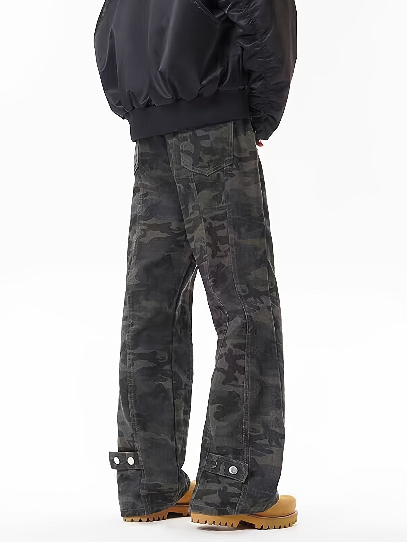 Dark Camo Wide-Leg Cargo Pants with Ankle Buckles
