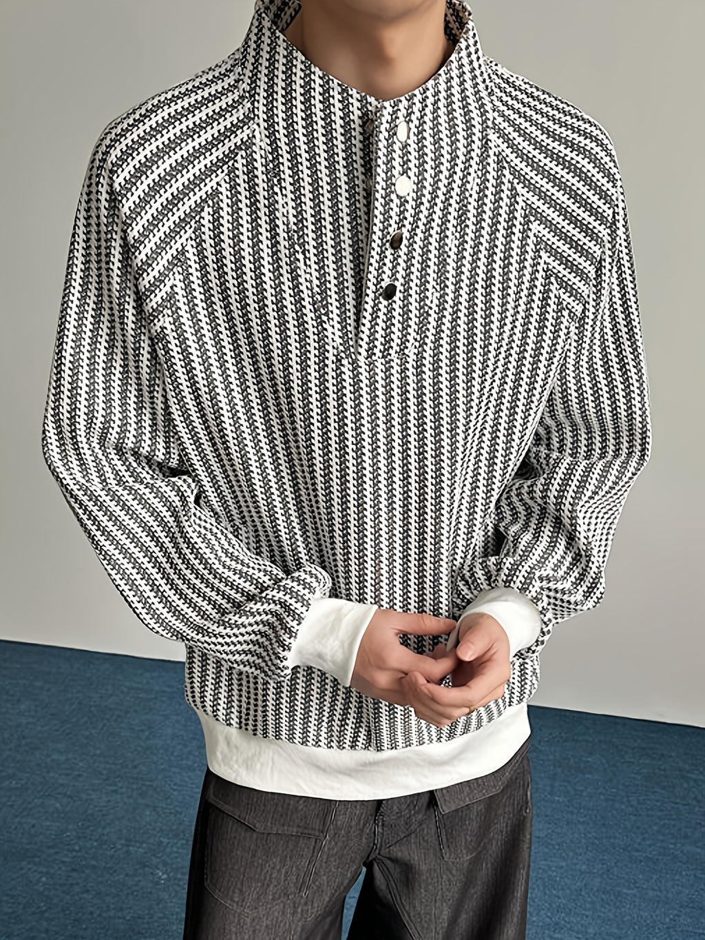 Black & White Textured Stand-Collar Henley Top