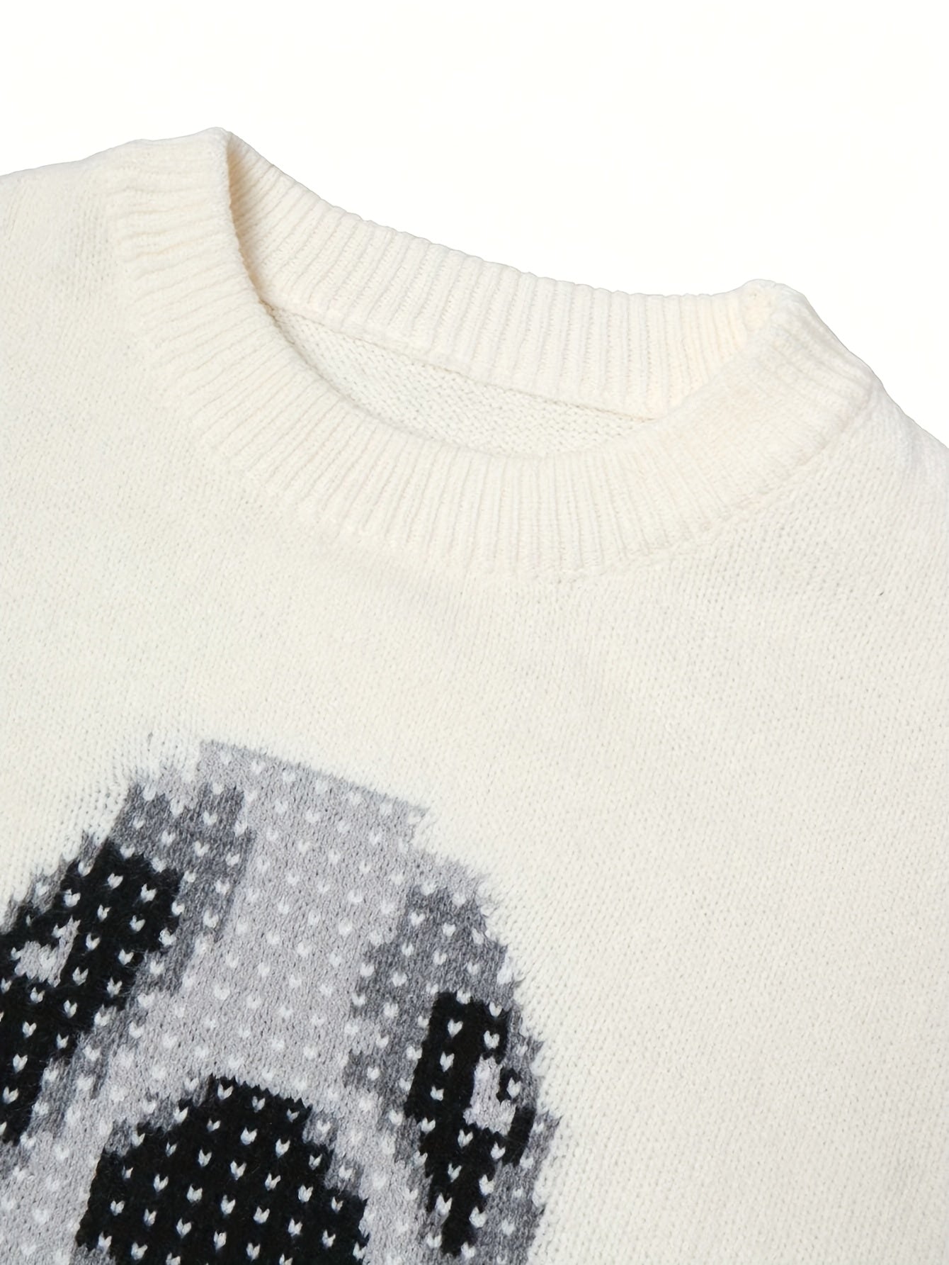 Cream Pixel Dog Pattern Oversized Knit Crewneck Sweater