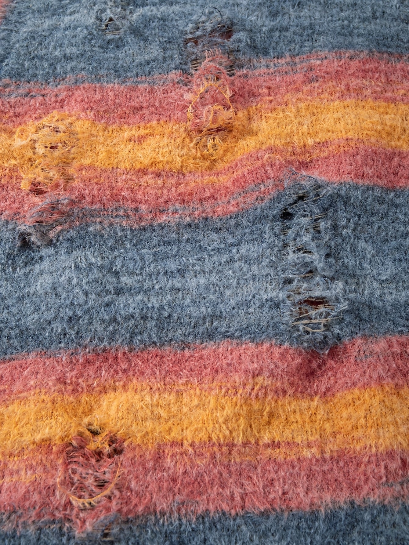 Fuzzy Distressed Stripe V-Neck Knit Vest