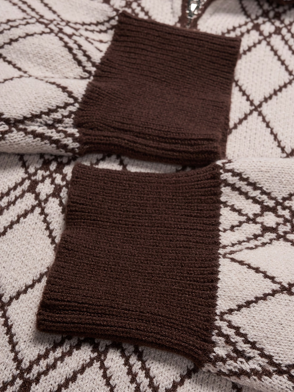 Beige & Brown Argyle Half-Zip Knit Sweater