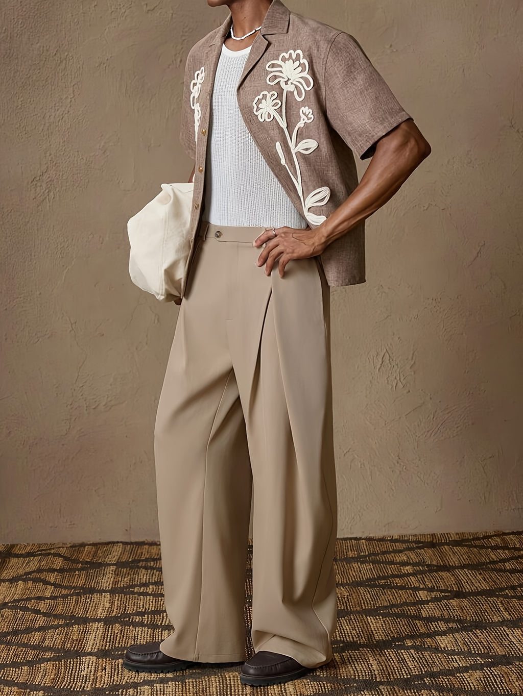 Beige High-Waisted Pleated Wide-Leg Trousers