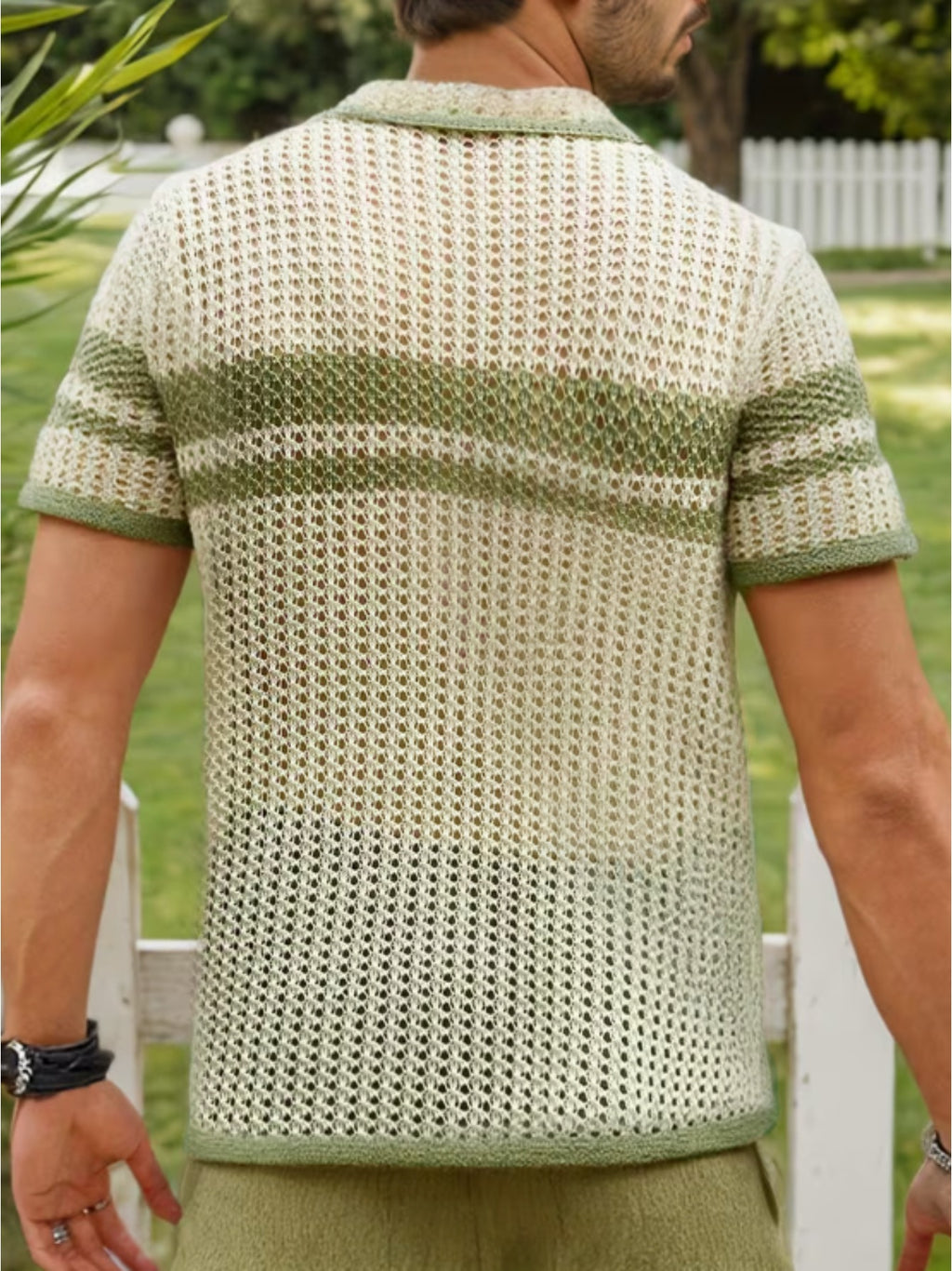 Beige & Green Stripe Crochet Knit Button-Up Shirt