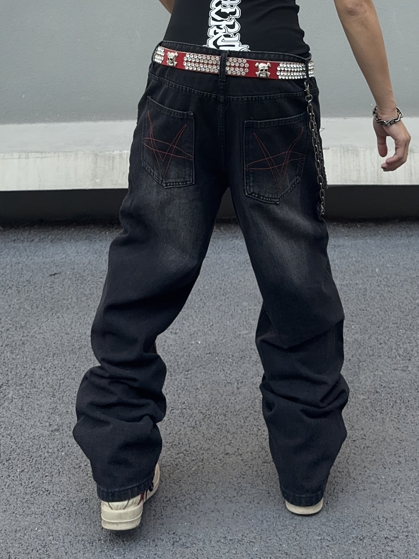 Black & Grey Gradient Red Geometric Embroidery Wide-Leg Denim Jeans