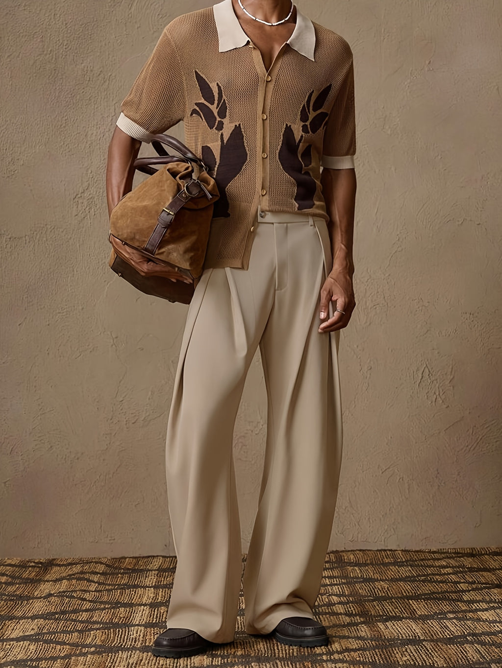 Beige High-Waisted Pleated Wide-Leg Trousers