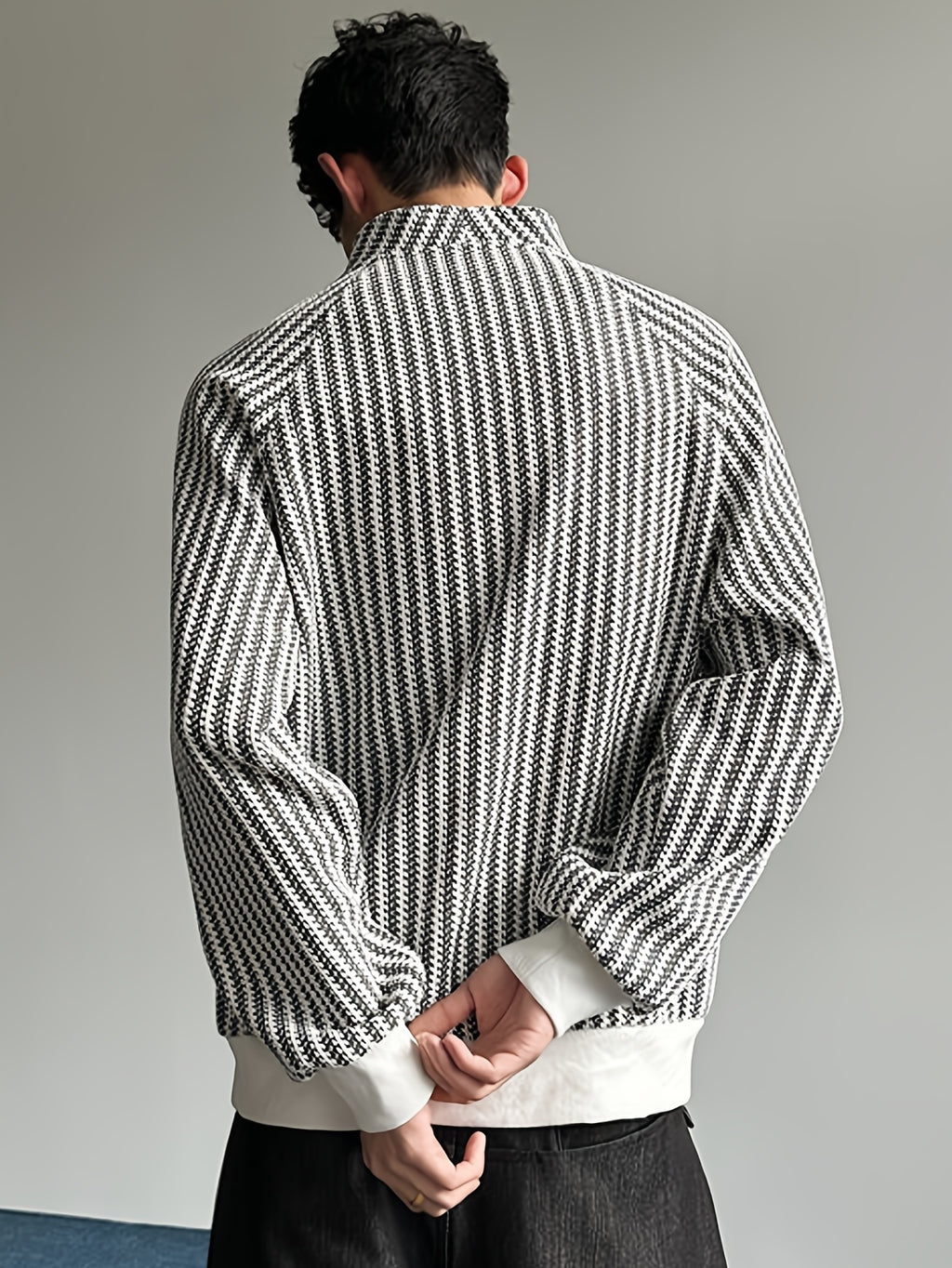 Black & White Textured Stand-Collar Henley Top