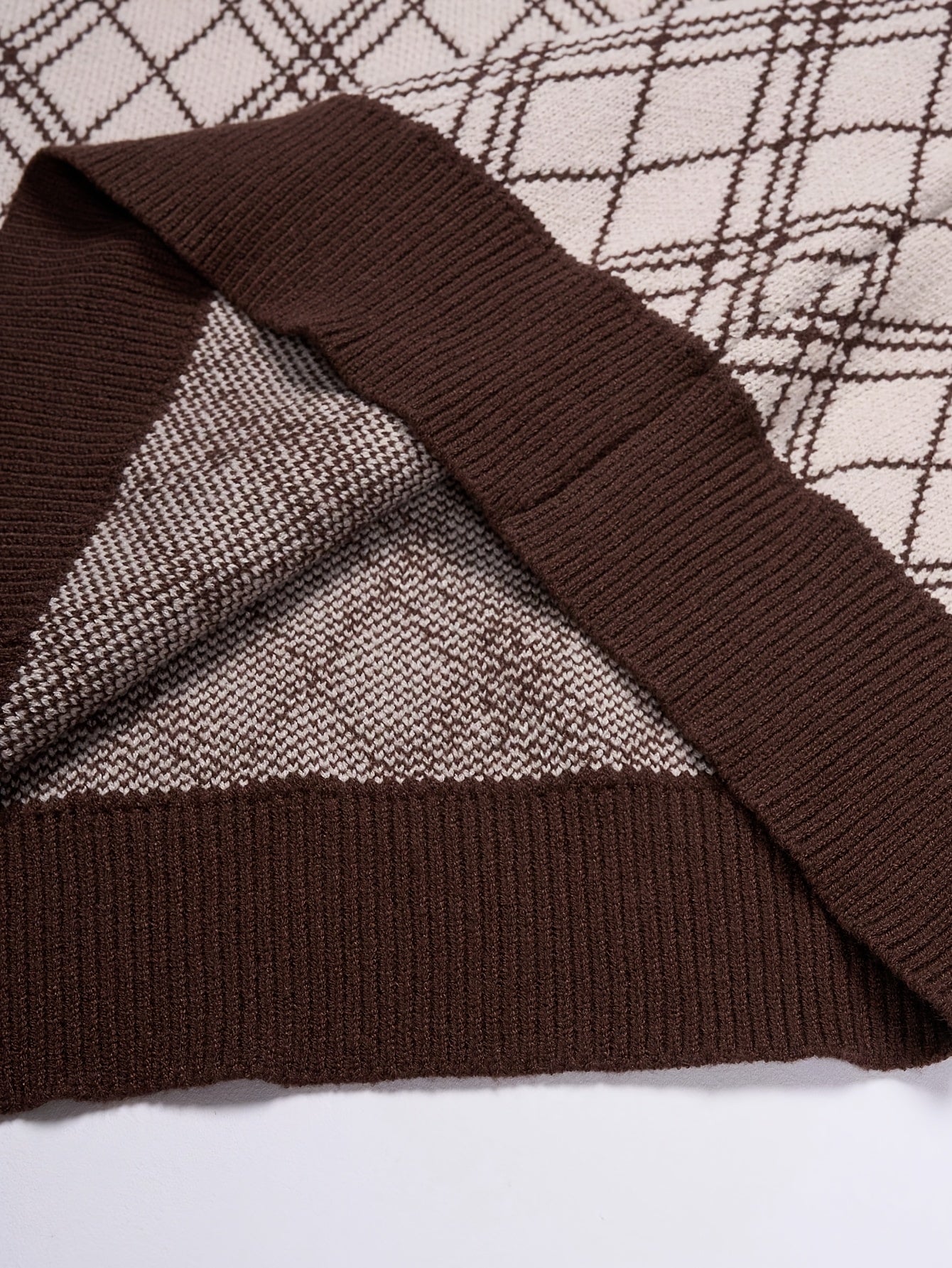 Beige & Brown Argyle Half-Zip Knit Sweater