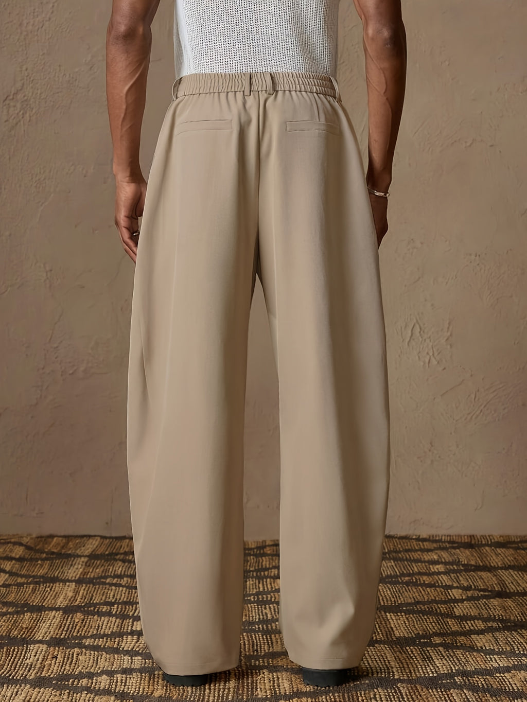 Beige High-Waisted Pleated Wide-Leg Trousers