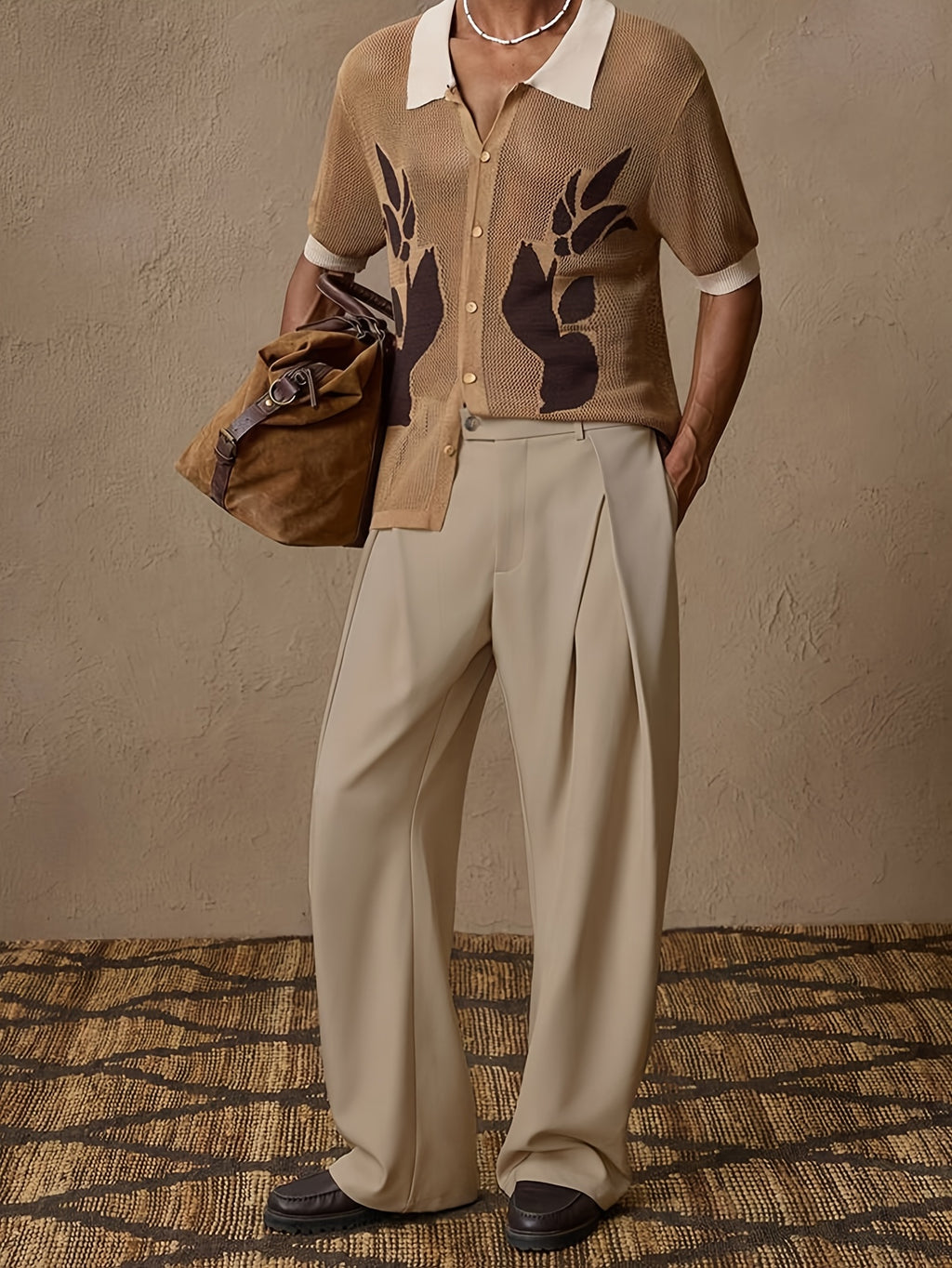 Beige High-Waisted Pleated Wide-Leg Trousers
